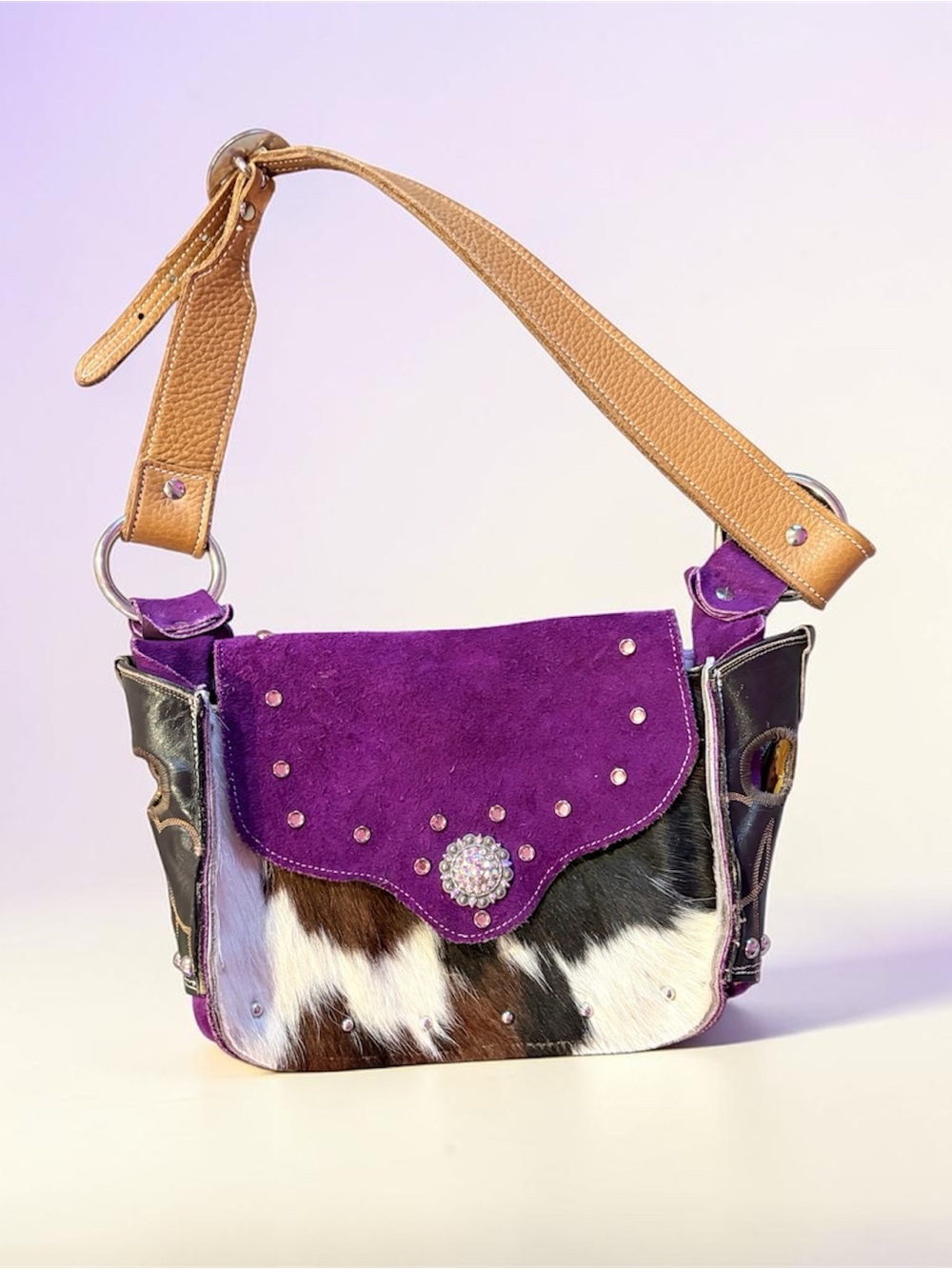 Purple Suede & Cowhide Shoulder Bag with Tan Leather Strap